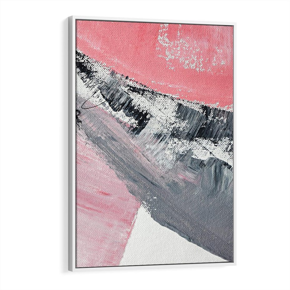 Obraz w ramie 70x100 - Kontrastujący Ruch Emocji - abstrakcyjne pasy farby, kolory róż szary czarny - rama biała