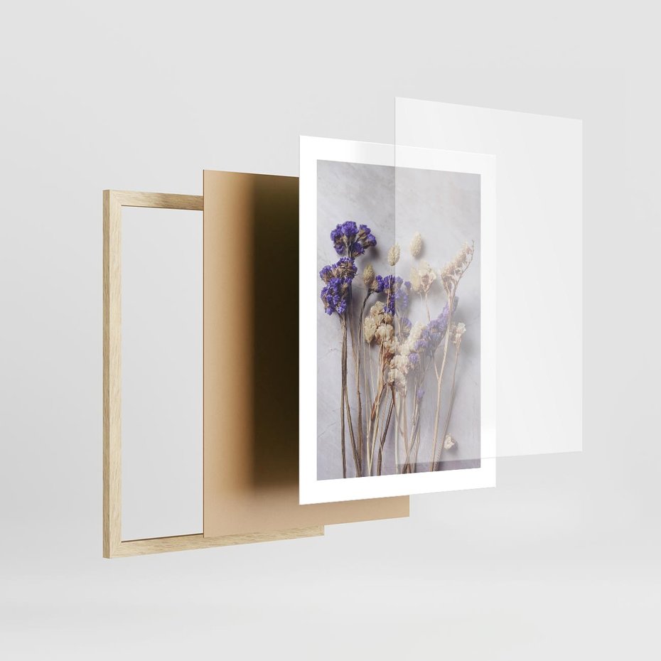 Plakat w ramie 30x40 - Błękitno-Biała Harmonia - suszone kwiaty, błekitne - rama drewno