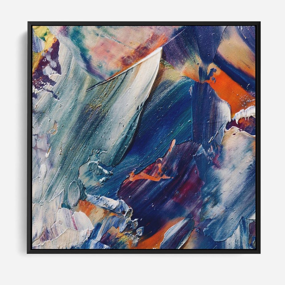 Obraz w ramie 50x50 - Rytmy ukrytych pragnień - chaos i abstrakcja, plamy koloru - rama czarna