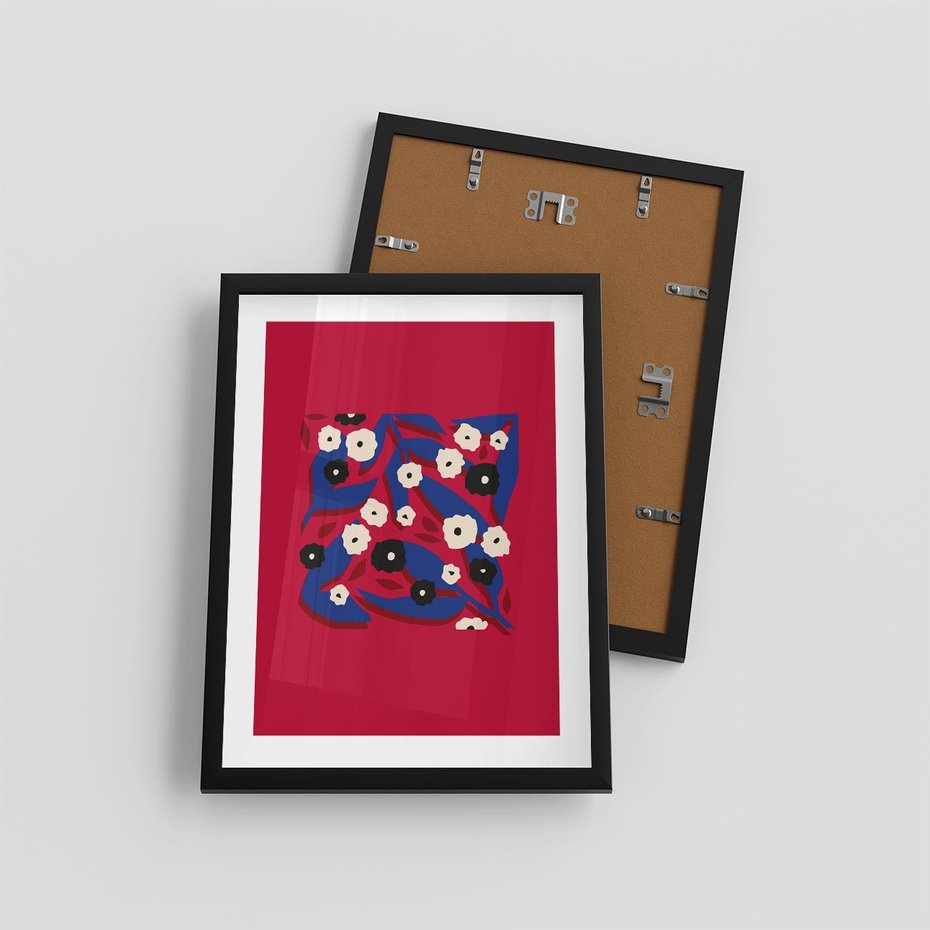 Plakat w ramie 30x40 - Kolorowe Przenikanie - abstrakcyjna kwiatowa kompozycja, czerwone mocne tło - rama czarna