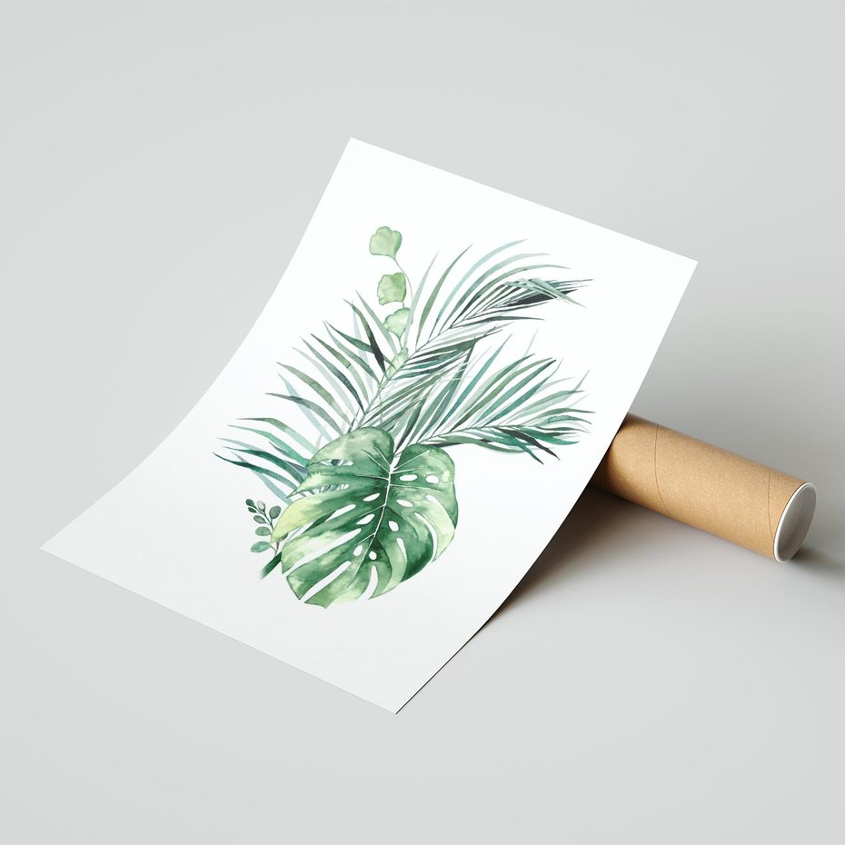 Plakat bez ramy 50x70 - Liście i Życie: Akwarelowa Oaza - akwarelowy obrazek, pamy