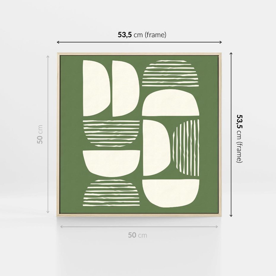 Obraz w ramie 50x50 - Migotliwe Formy - geometryczne boho kształty na brązowym, oliwkowym tle - rama drewno