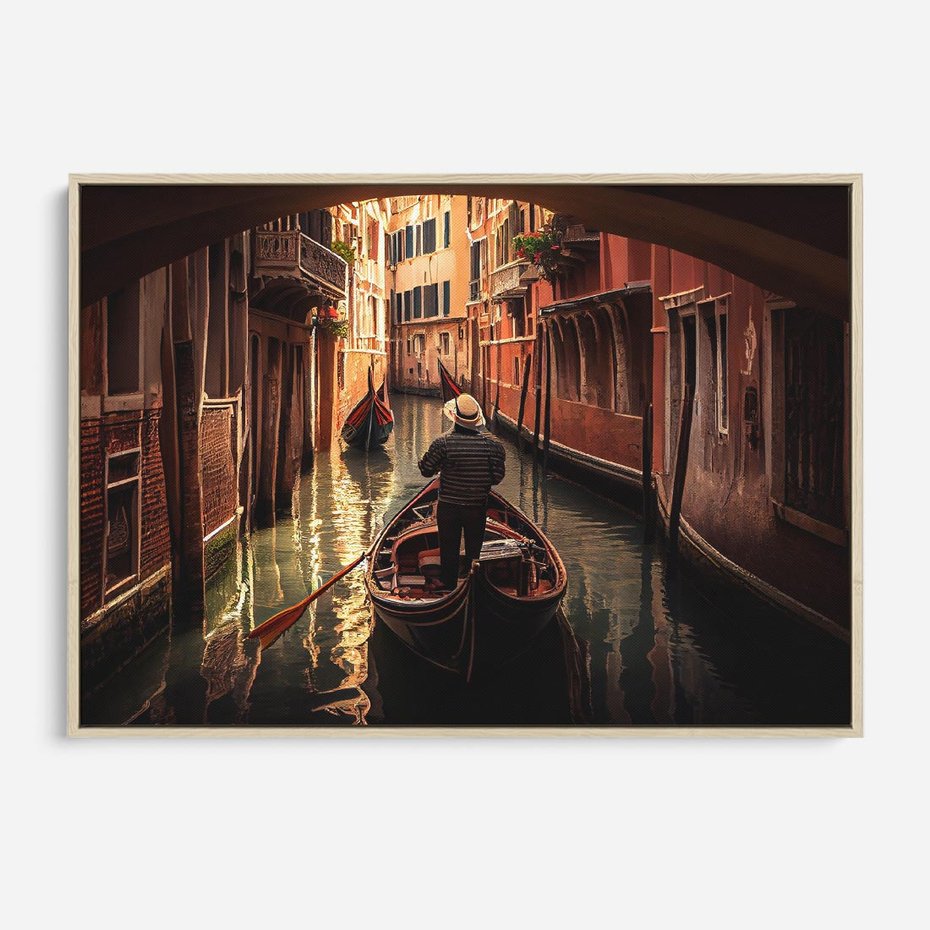 Obraz w ramie 100x70 - Spokojna Wenecja - gondolier w gondoli, kanały Wenecji - rama drewno
