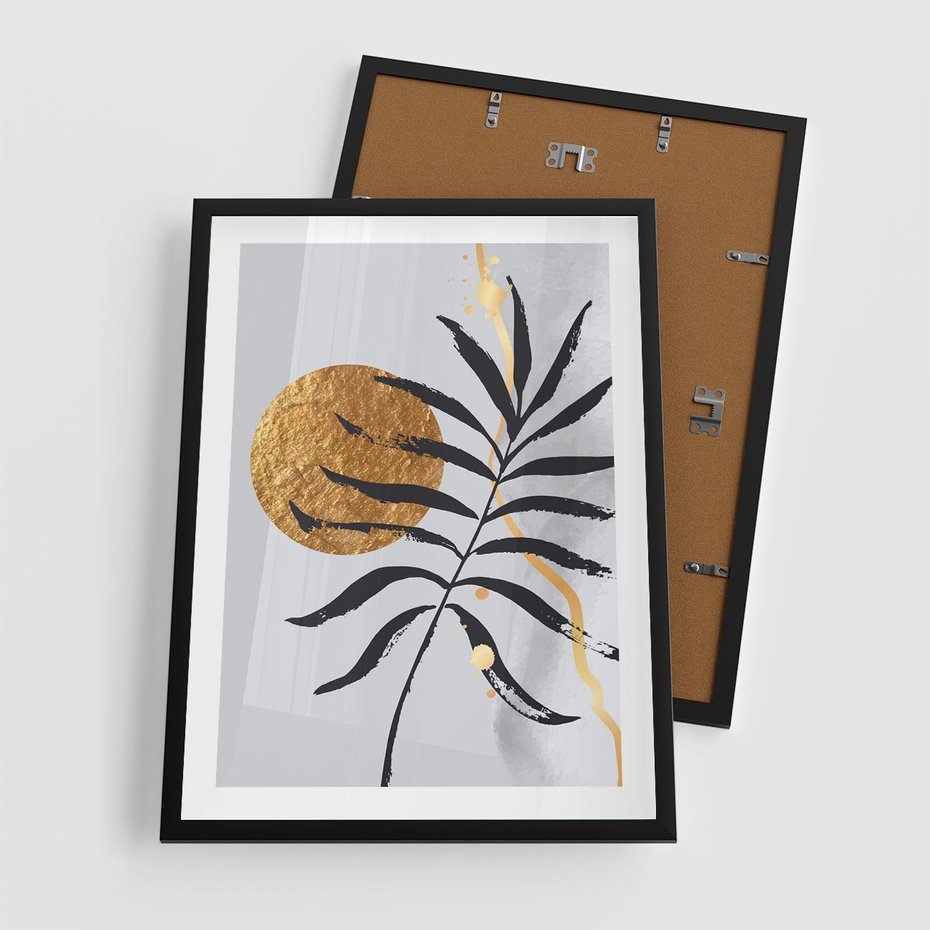 Plakat w ramie 50x70 - Grafika z Czarnym Liściem Palmy - czarny liść palmy, złóte kołó - rama czarna