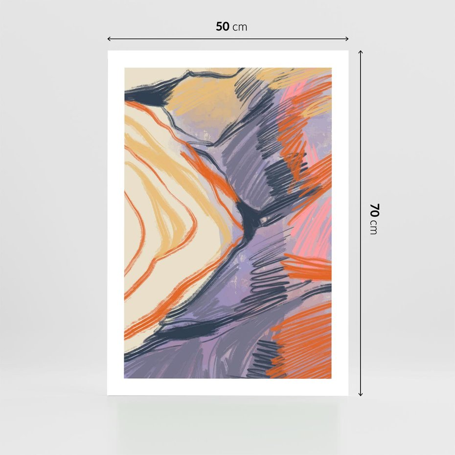 Plakat bez ramy 50x70 - Pokreślony Świat - abstrakcyjne formy, odcienie pomarańczu i fioletu