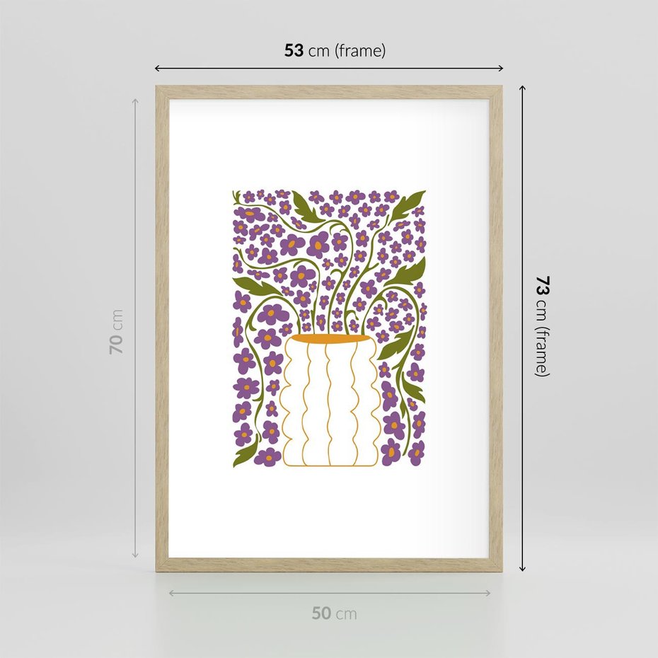 Plakat w ramie 50x70 - Witalność Kwiatów - kwiaty w wazonie, minimalistyczna kompozycja - rama drewno