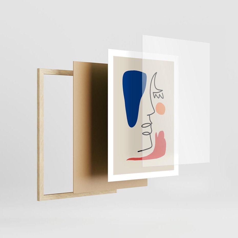 Plakat w ramie 50x70 - Rozbijające Symfonie Form - abstrakcyjny obraz, przypomina twarz - rama drewno