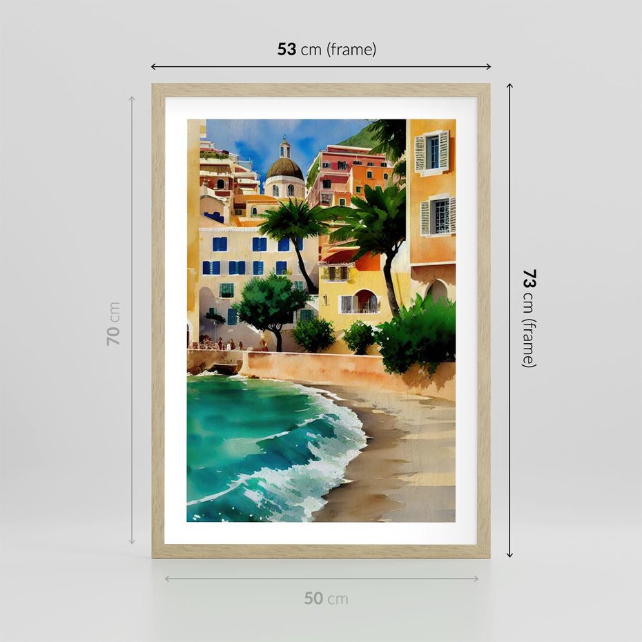 Plakat w ramie 50x70 - Zamieszkajmy Tu - akwarela, śródziemnomorski klimat - rama drewno