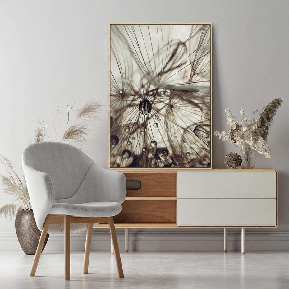 Obraz w ramie 70x100 - Lekkie dmuchawce - dmuchawce, krople - rama drewno