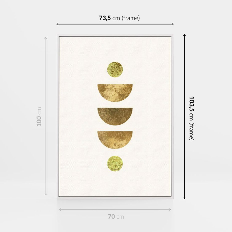 Obraz w ramie 70x100 - Harmonijne Odbicia - geometryczne złote kształty, tekstura - rama biała