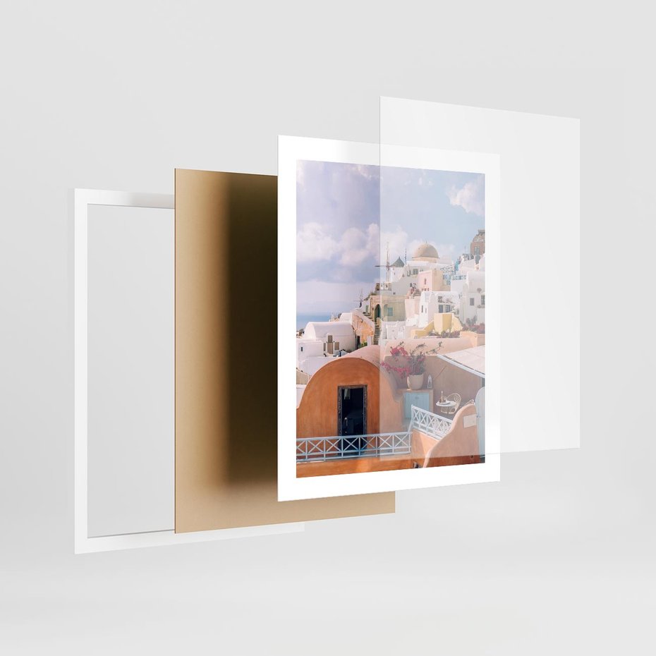 Plakat w ramie 40x50 - Błękit Morza i Białe Domki - Santorini, wyspa - rama biała