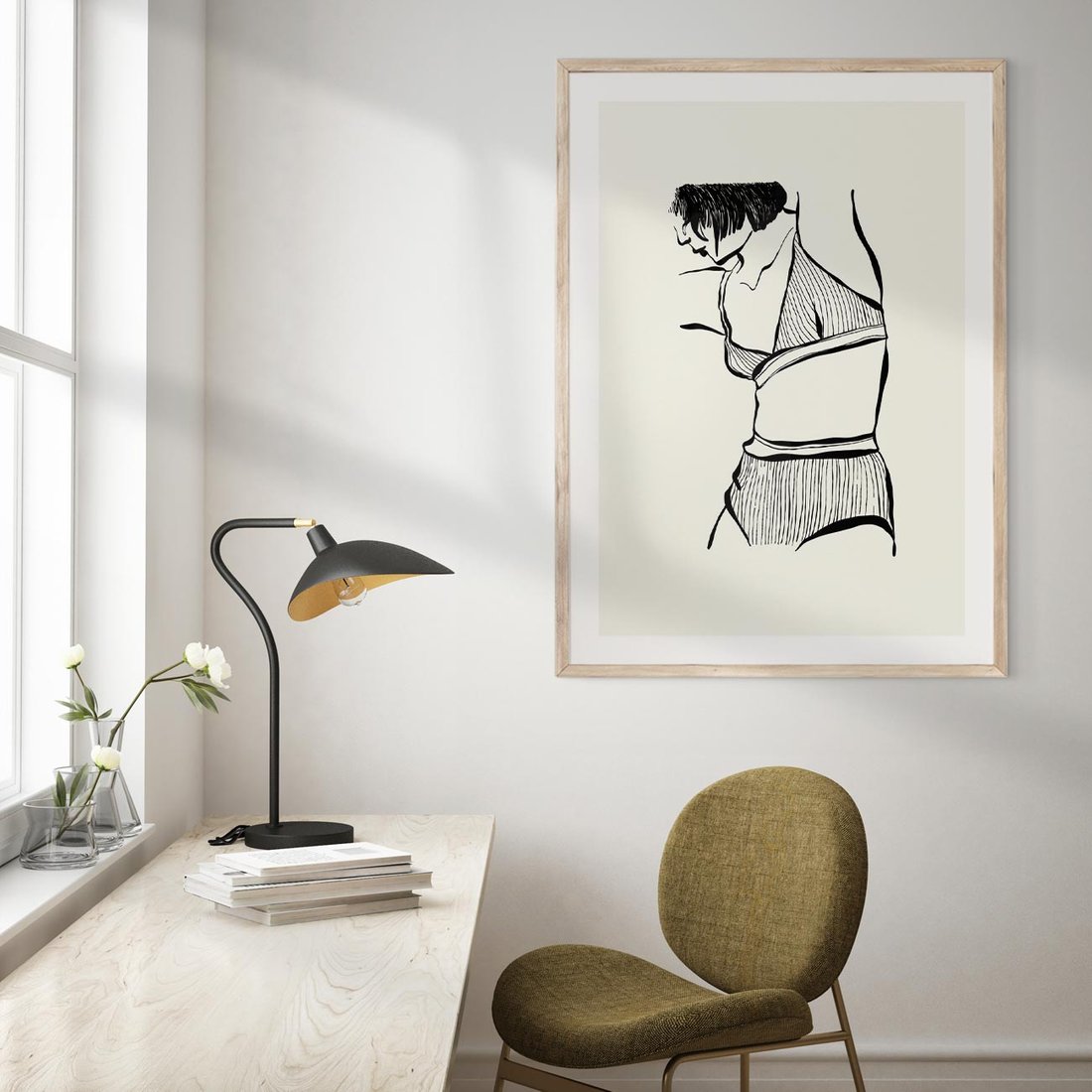 Plakat w ramie 50x70 - Minimalistyczny Urok - szkic, kobieta w bieliźnie - rama drewno