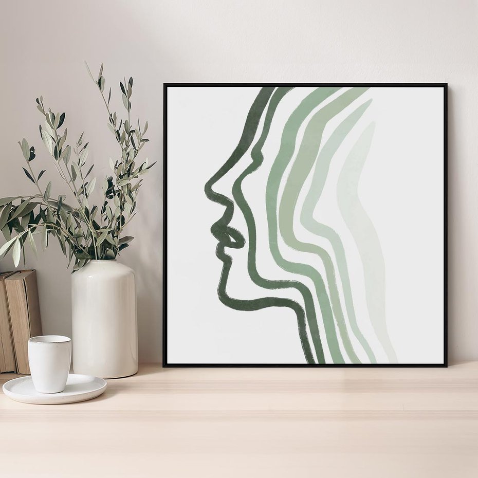 Obraz w ramie 50x50 - Zielony Profil - abstrakcja, zielony portret z profilu - rama czarna