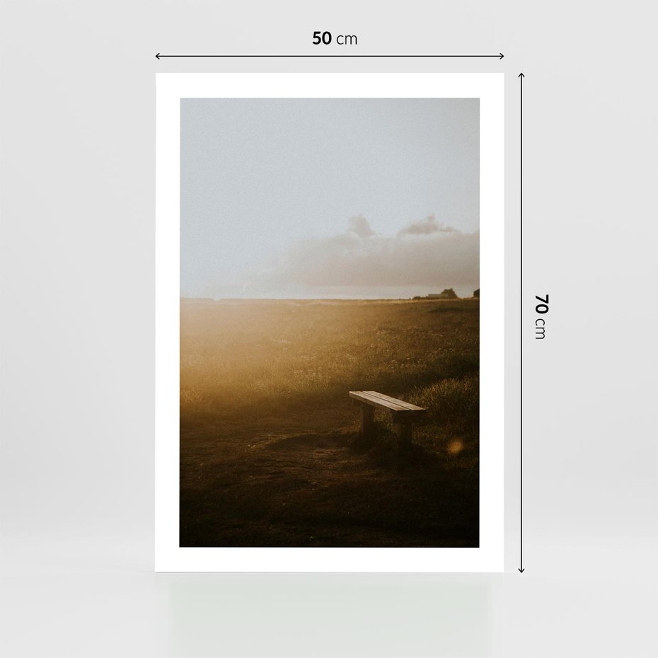 Plakat bez ramy 50x70 - Mglisty zachód słońca na ławeczce - mgła, zachód