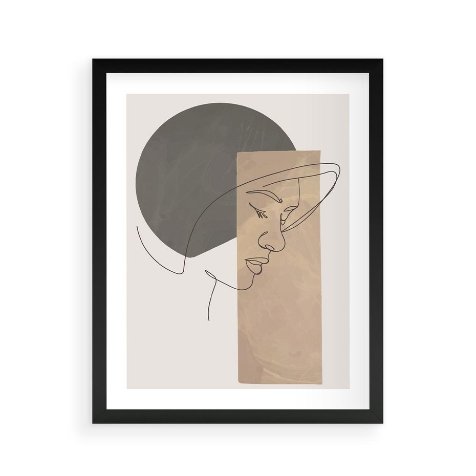 Plakat w ramie 40x50 - Jedną Linią: Kobieca Twarz - abstrakcja, plamy w tle - rama czarna
