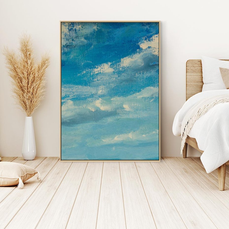 Obraz w ramie 50x70 - Oddechy niebiańskiej materii - olejny obraz, smugi farby przypominają obłoki na błękitnym niebie - rama drewno
