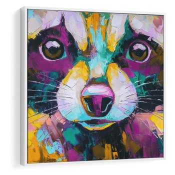 Obraz w ramie 50x50 - Przebudzenie snu artysty - zbliżenie, kolorowy portret szopa pracza - rama biała