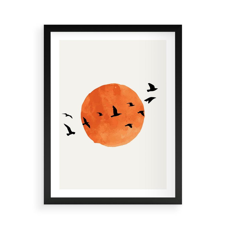 Plakat w ramie 50x70 - Zachód Słońca i Ptaki - grafika akwarela, czarne ptaki na tle zachodu słońca - rama czarna