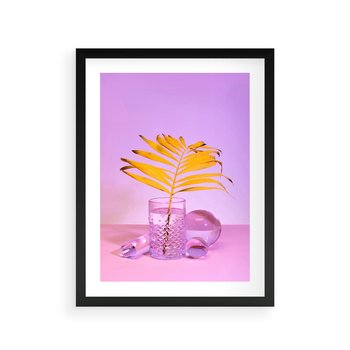 Plakat w ramie 50x70 - Neonowy Liść Palmy na Fotografii - neonowa fotografia, liść palmy w szklance - rama czarna