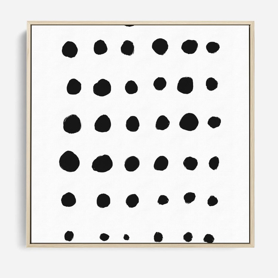 Obraz w ramie 80x80 - Refleksje Światła - minimalistyczna kompozycja, czarne kropkina białym tle - rama drewno