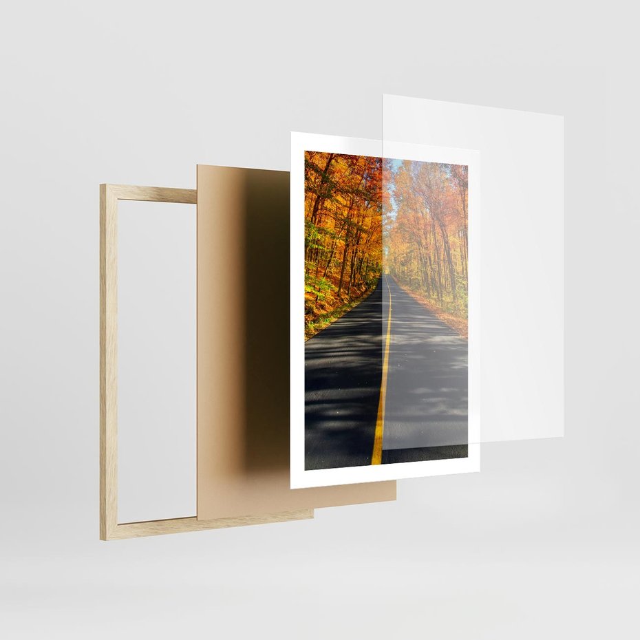 Plakat w ramie 50x70 - Droga przez jesienny las - droga, las - rama drewno