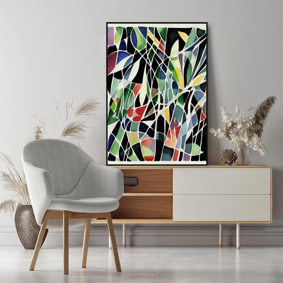 Obraz w ramie 50x70 - Taniec Plam i Kształtów - abstrakcyjny akwarelowy obraz, plamy - rama czarna