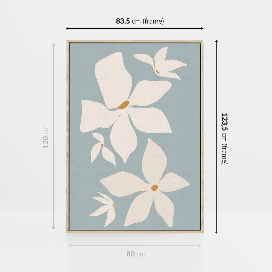 Obraz w ramie 80x120 - Błękit Kwiatów - kwiaty, nowoczesne i minimalistyczne - rama drewno