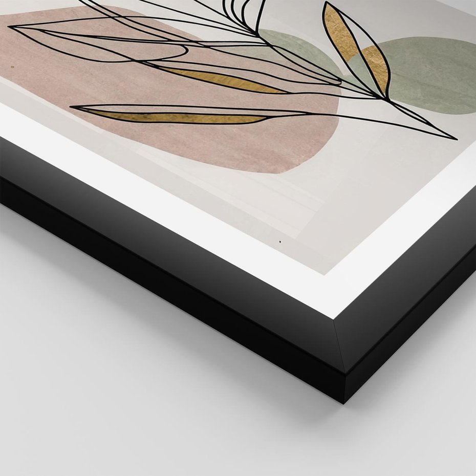 Plakat w ramie 30x40 - Impulsy Subtelnej Harmonii - abstrakcyjny obraz boho, liście - rama czarna