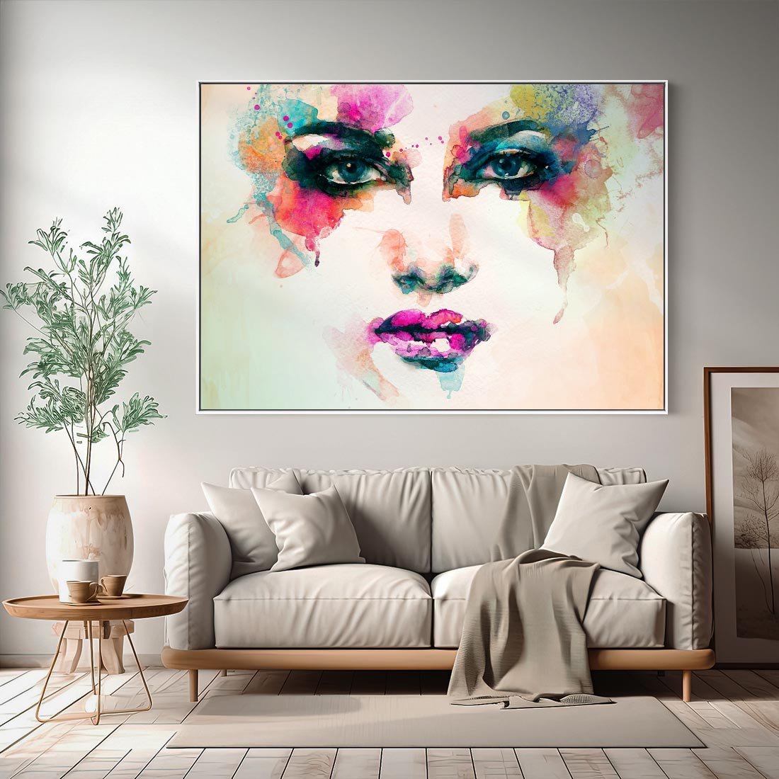 Obraz w ramie 70x50 - Eteryczna Głębia Dusz - portret twarz kobiety, wyraziste oczy - rama biała