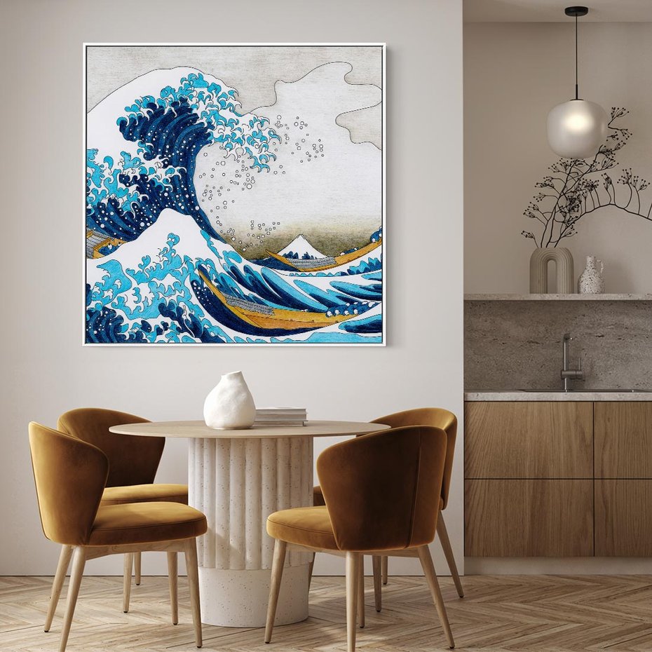 Obraz w ramie 50x50 - Wzburzone Morze - wielka fala w kaganawie, Hokusai - rama biała