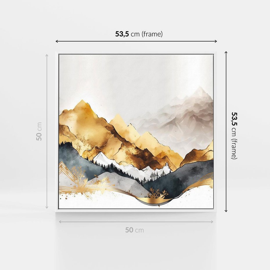 Obraz w ramie 50x50 - Złote Góry - akwarela, graficzne góry - rama biała