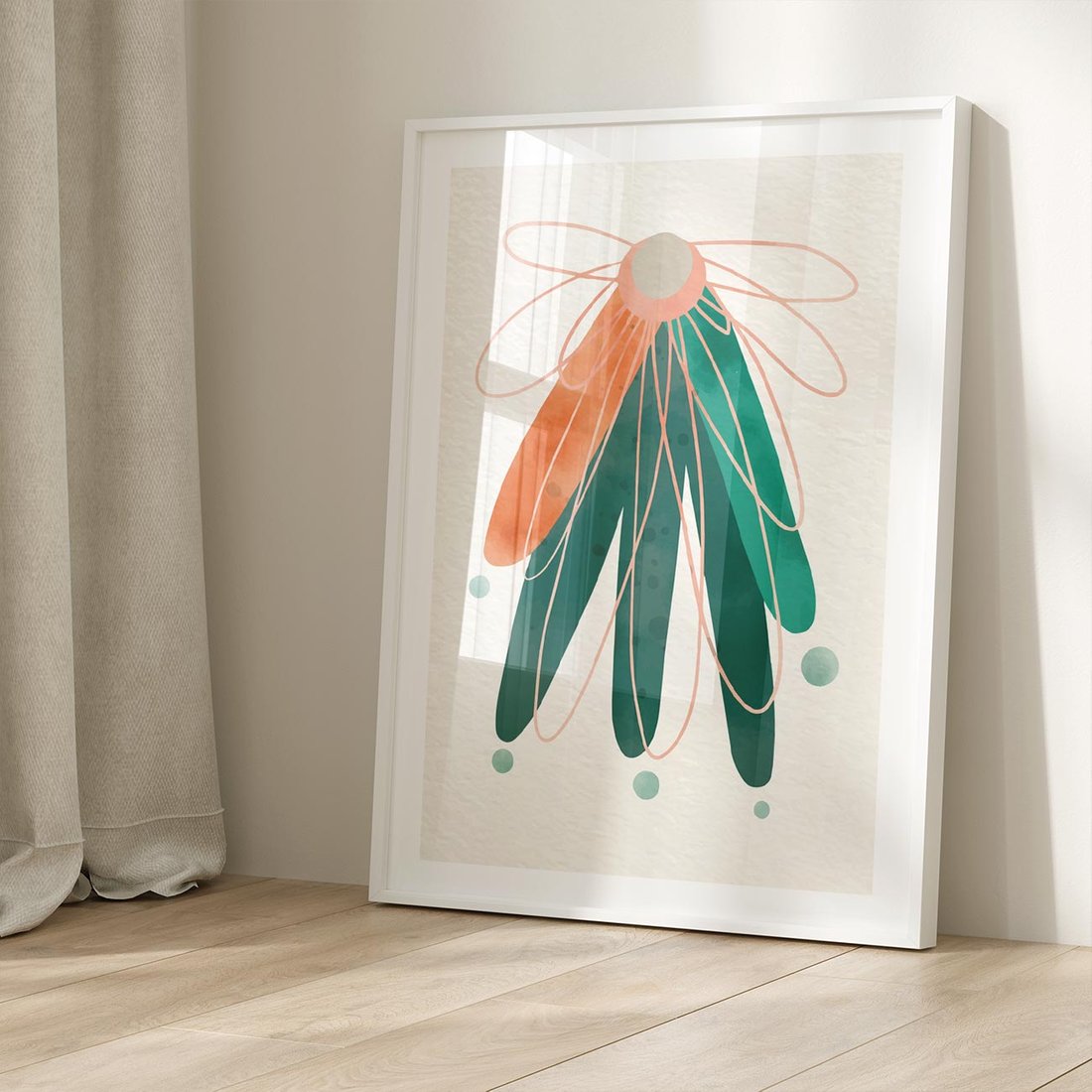 Plakat w ramie 50x70 - Energetyczna Harmonia Kwiatów - akwarelowe abstrakcyjne kształty, zieleń i pomarańcz - rama biała