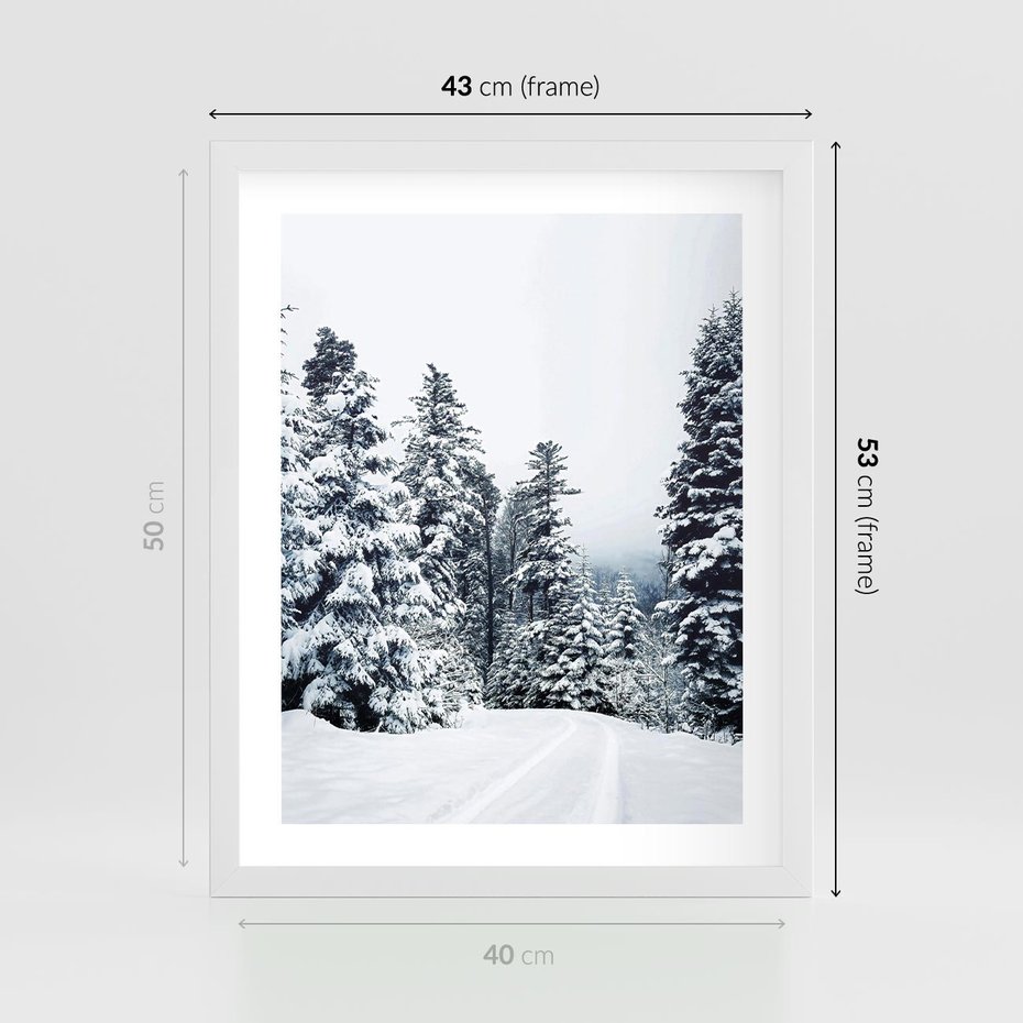 Plakat w ramie 40x50 - Zimowy Las Pod Kołdrą - las, zima - rama biała