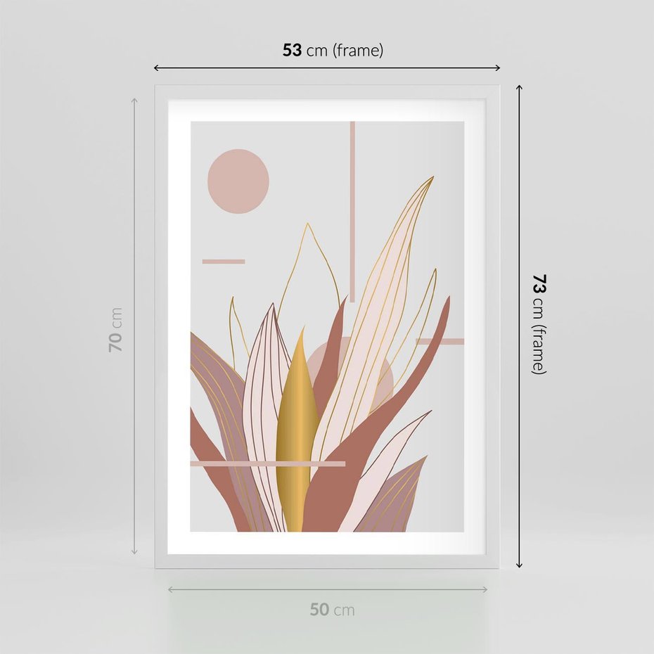 Plakat w ramie 50x70 - Złota Grafika Liści: Wyjątkowa Dekoracja - liście, złoto - rama biała
