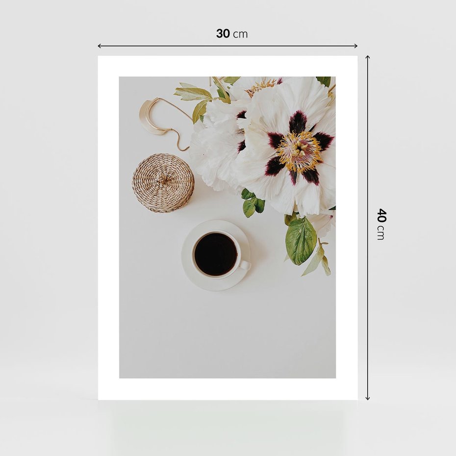 Plakat bez ramy 30x40 - Bukiet Kwiatów i Kawa na Stole - fotografia, na stole bukiet