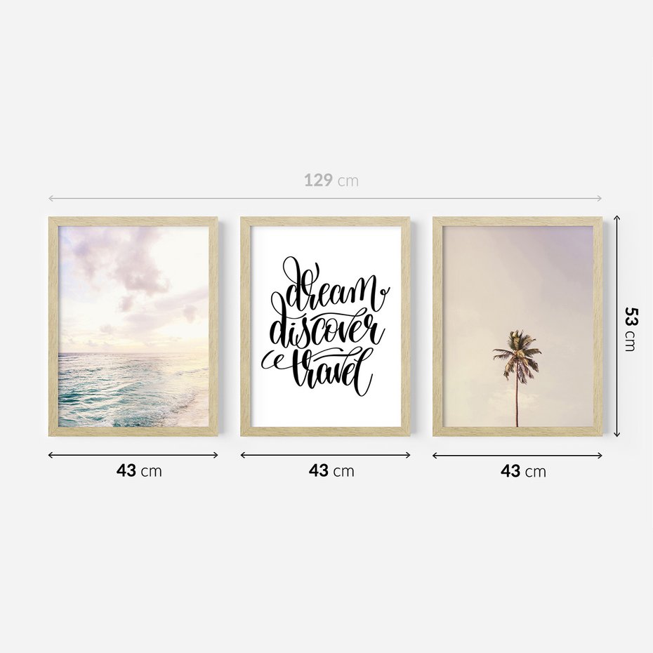 Zestaw obrazy w ramie 40x50 galeria - Cytat, podróż, rajska, plaża - rama drewno