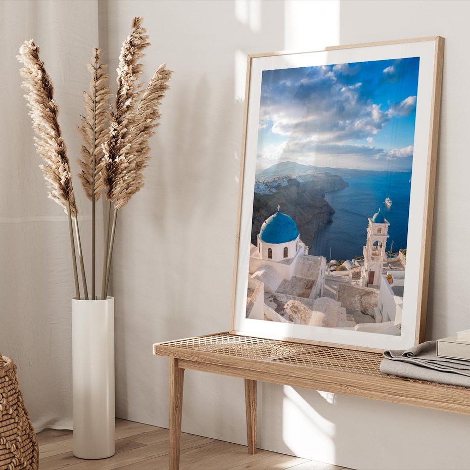 Plakat w ramie 30x40 - Błękitne Przezycia - Santorini, morze - rama drewno