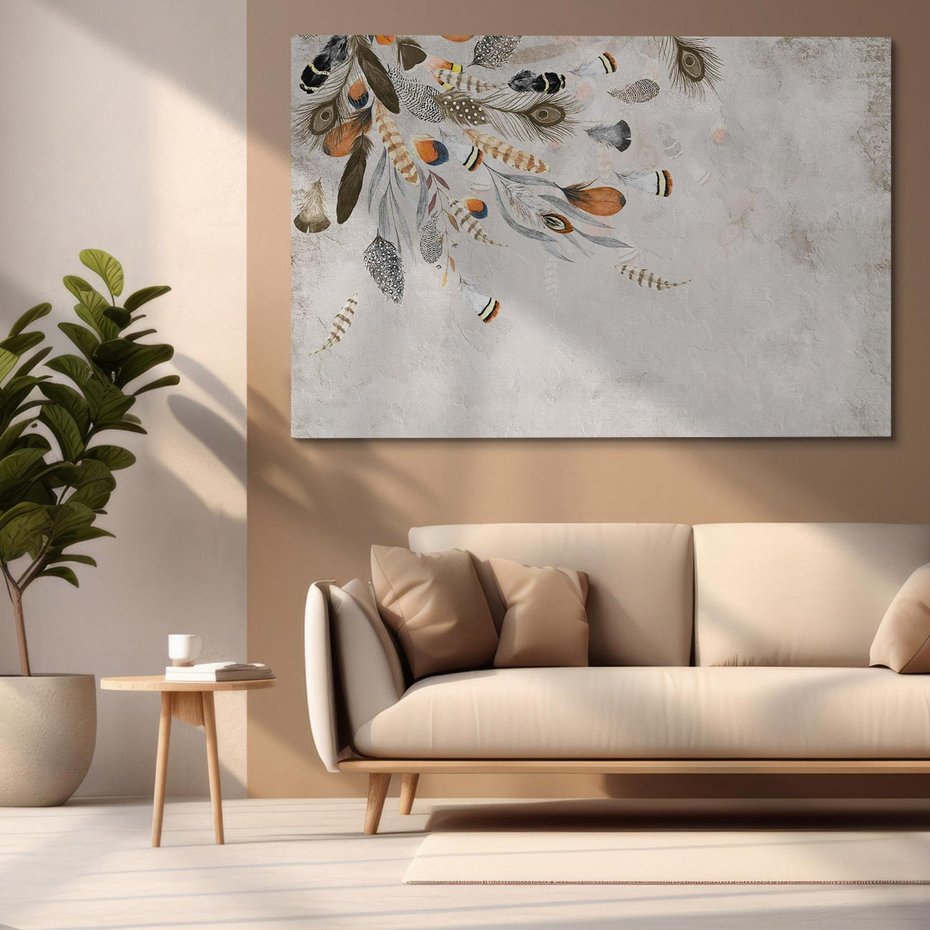 Obraz na płótnie 120x80 - Sploty losu na płótnie - kompozycja boho piór, indiańskie pióra