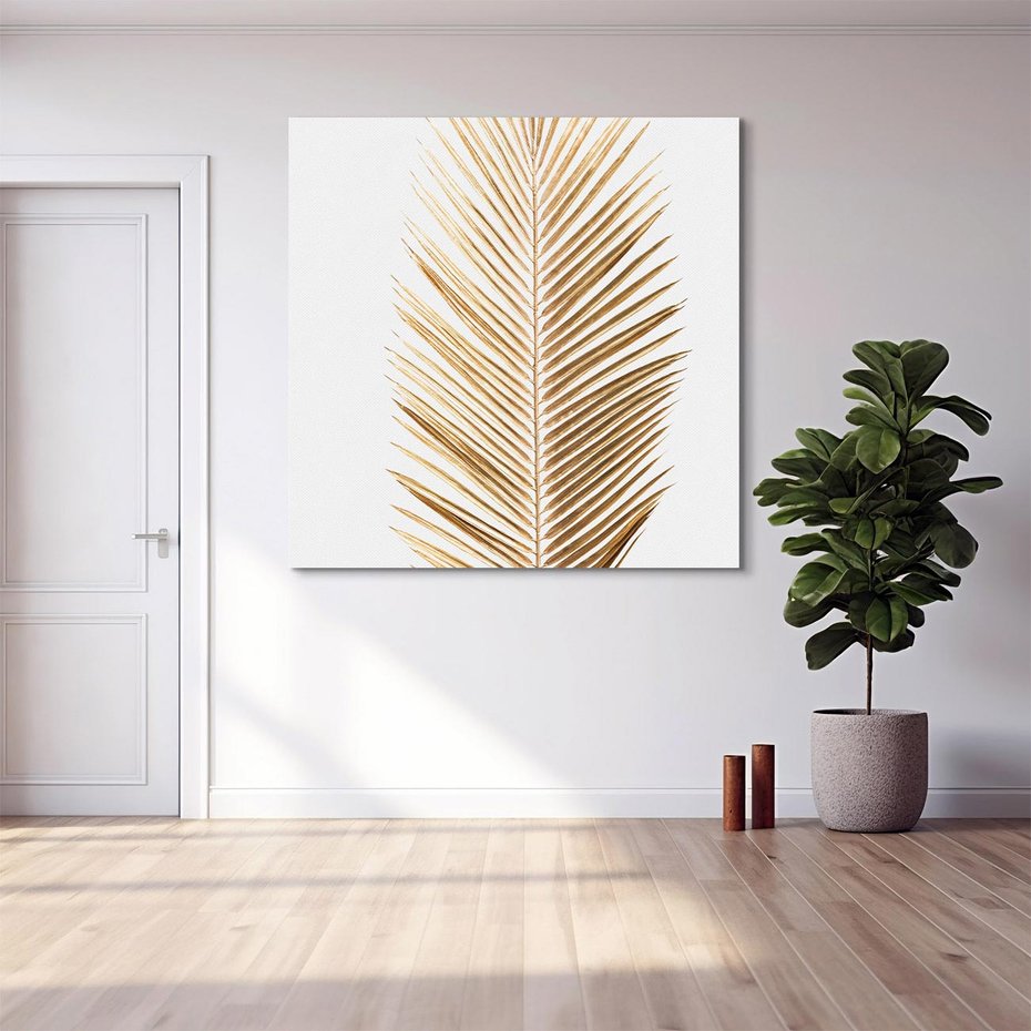 Obraz na płótnie 50x50 - Złoty blask palmowego liścia - złota, palma