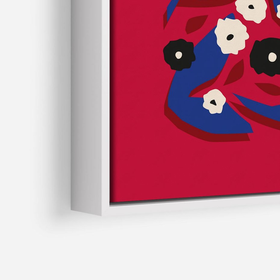 Obraz w ramie 50x50 - Kolorowe Przenikanie - abstrakcyjna kwiatowa kompozycja, czerwone mocne tło - rama biała