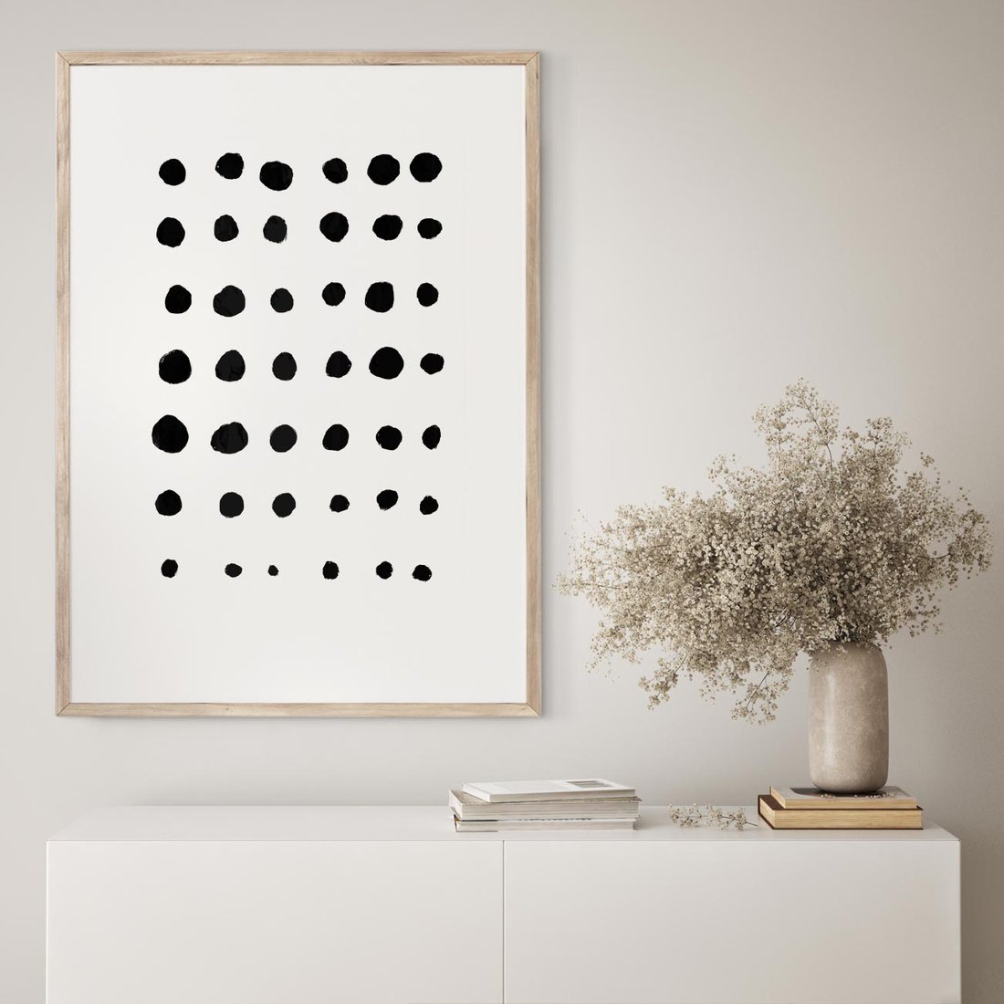 Plakat w ramie 30x40 - Refleksje Światła - minimalistyczna kompozycja, czarne kropkina białym tle - rama drewno