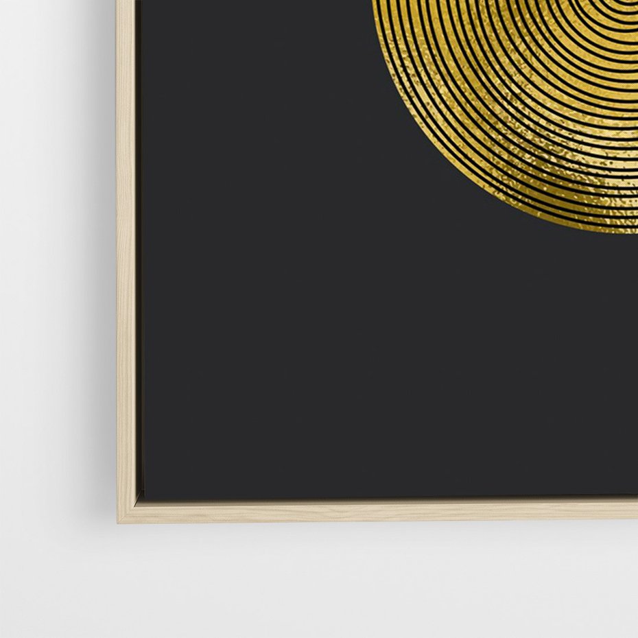 Obraz w ramie 50x70 - Migotliwe Przeniknięcia - złote koła, czarne tło - rama drewno