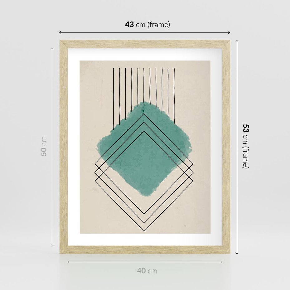 Plakat w ramie 40x50 - Impresje Przestrzeni - akwarelowa plama, geometryczne szkicowane kształty - rama drewno