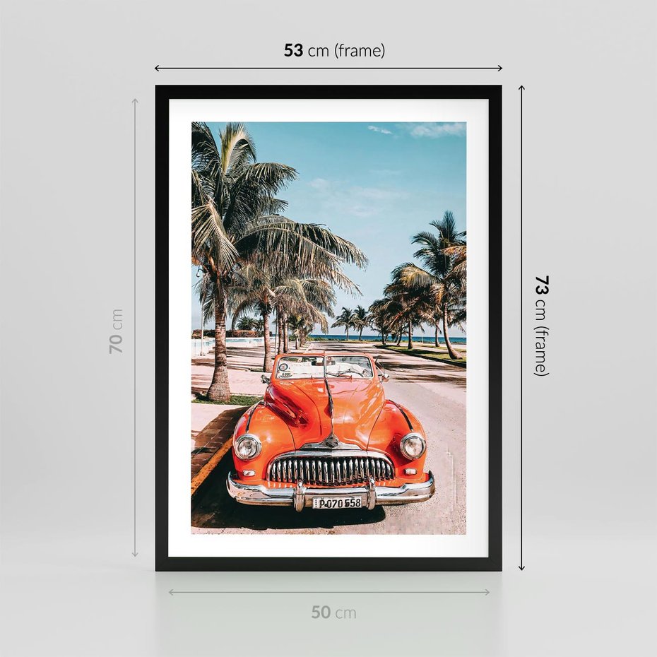 Plakat w ramie 50x70 - Retro Przejażdżka - pomarańczowy retro samochód, kabriolet - rama czarna