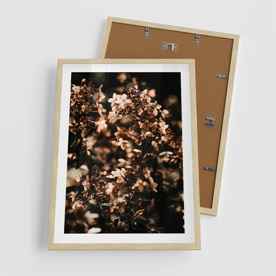 Plakat w ramie 50x70 - Sucha Kompozycja Kwiatów - suche kwiaty hortensji - rama drewno