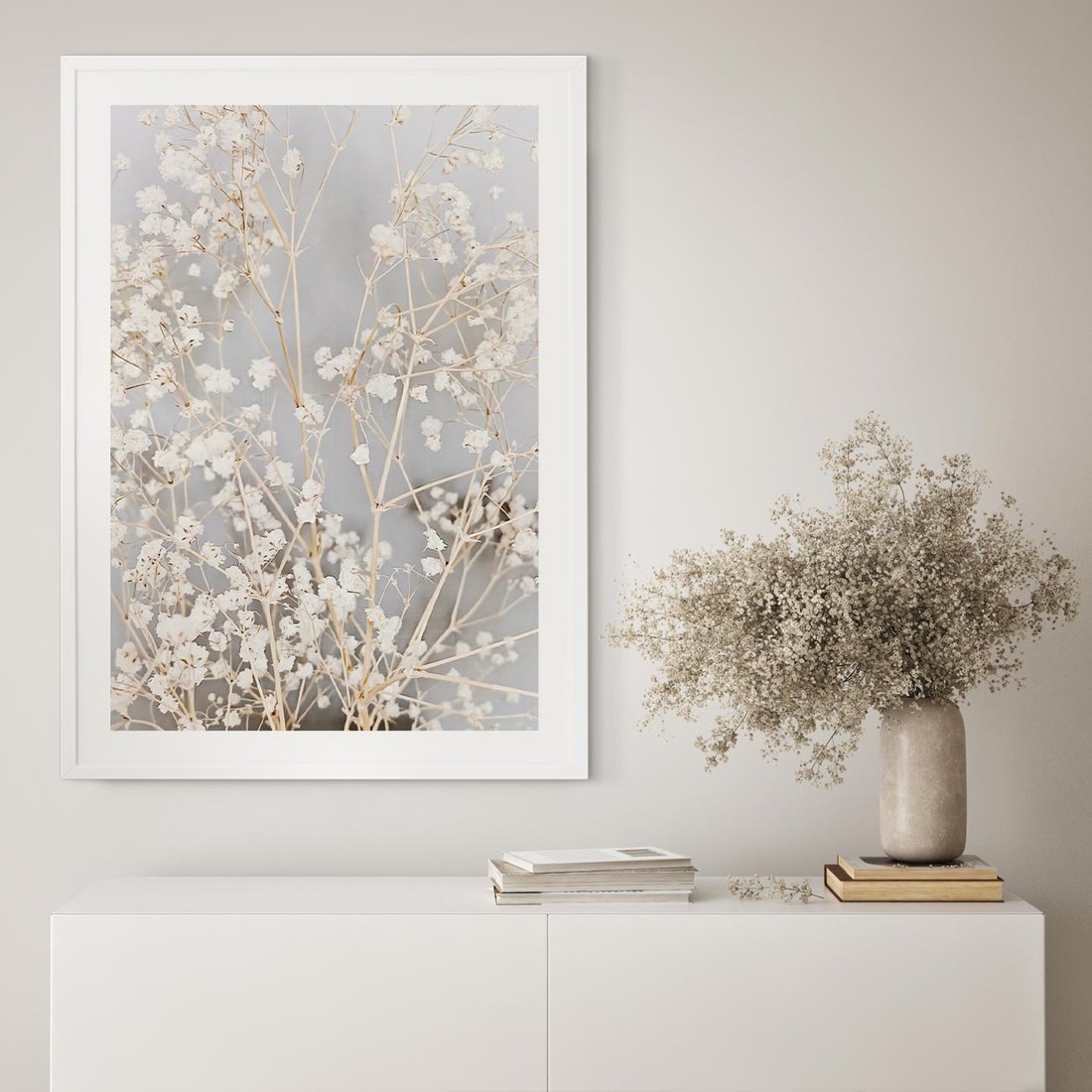Plakat w ramie 40x50 - Białe Drobne Kwiaty - gipsówka, białe drobne kwiatki - rama biała