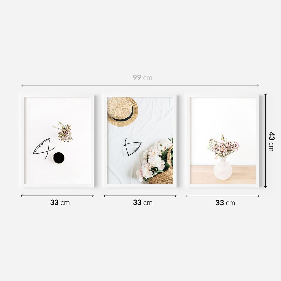 Zestaw obrazy w ramie 30x40 galeria - Kawa, kwiaty, boho, kapelusz - rama biała