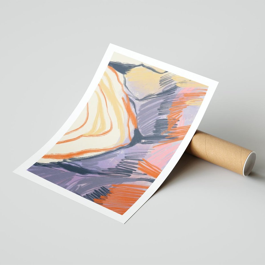 Plakat bez ramy 21x30 - Pokreślony Świat - abstrakcyjne formy, odcienie pomarańczu i fioletu