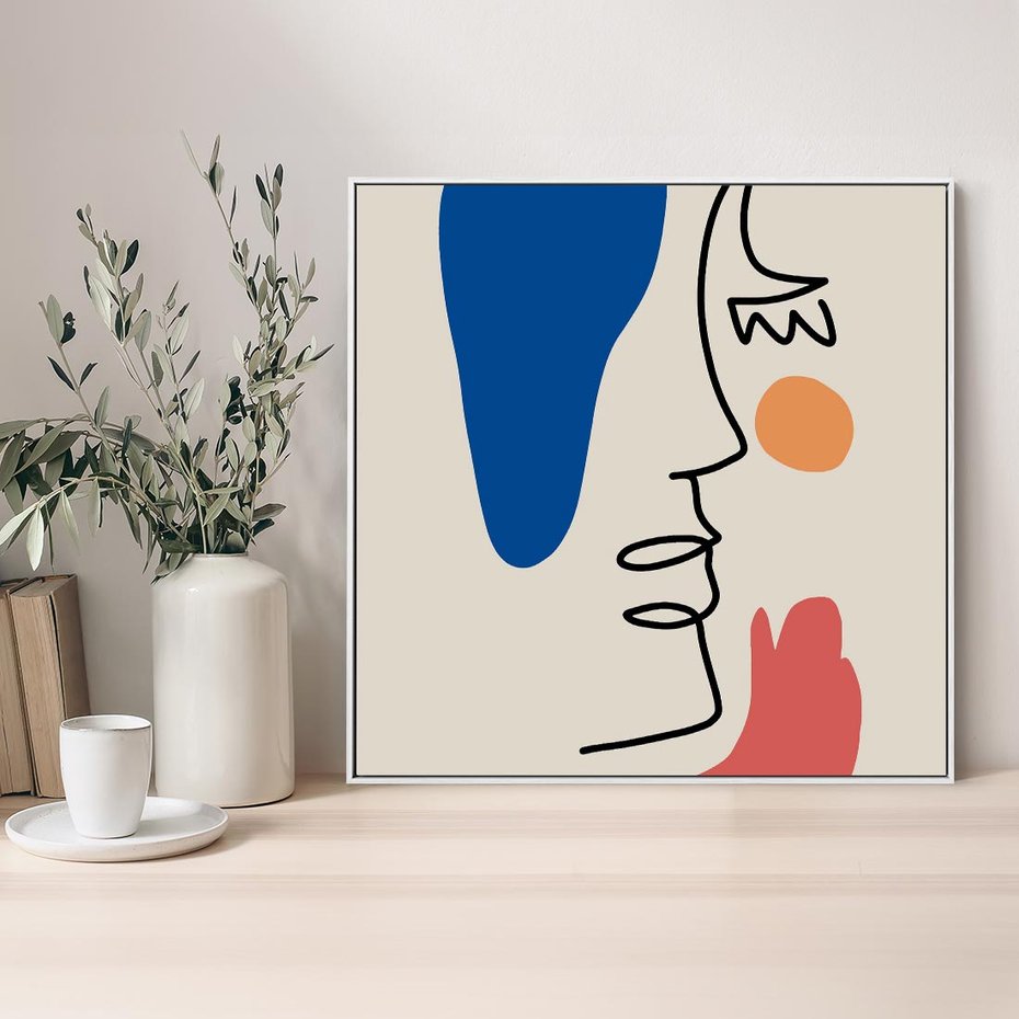 Obraz w ramie 50x50 - Rozbijające Symfonie Form - abstrakcyjny obraz, przypomina twarz - rama biała