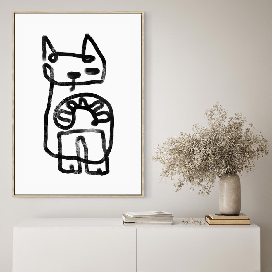 Obraz w ramie 80x120 - Portret Kociej Duszy - szkic kota, prymitywizm - rama drewno